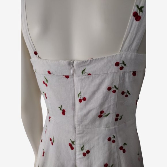 Forever 21 White Cherry Print Sweetheart Lace Up Chest Linen Romper - Picture 7 of 13